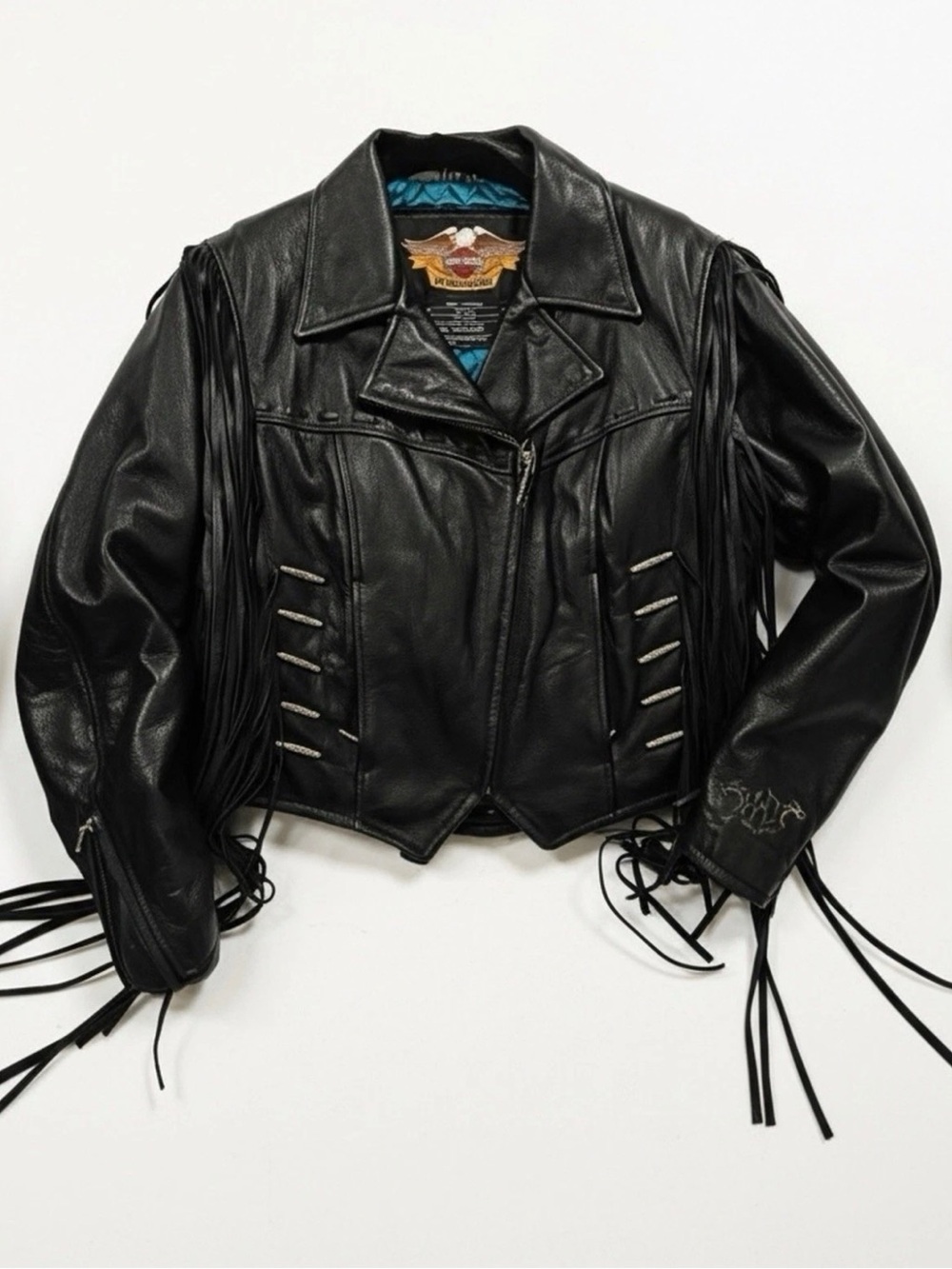 Harley-Davidson Black Leather Fringe Motorcycle Jacket‎